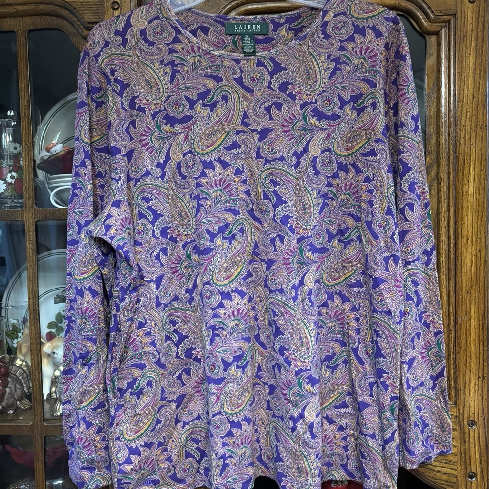 Lauren, Ralph Lauren Women's 2XL Top Purple Paisley Print Long Sleeve Round Neck